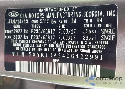 2013 Kia Sorento Lx V6 from USA, damaged, VIN 5XYKTDA24DG422991